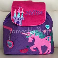 Your little one will feel so big carrying his/her very own fun, cute and colourful backpack stitched with his/her name!  More than enough space to pack snacks, colouring books, markers, stuffies or toys.  Ideal for daycare, preschool (not meant for Kindergarten) or any type of outing. It comes with a beautiful embroidered design and a fun and theme coordinated zipper pull.  They would make a perfect birthday or baby shower gift.  You can find other backpack options and more gift ideas at nameabl Unicorn Quilt, Mermaid Backpack, Princess Backpack, Nursery Bag, Unicorn Backpack, Backpack Free, Quilted Backpack, Colorful Backpacks, Toddler Backpack