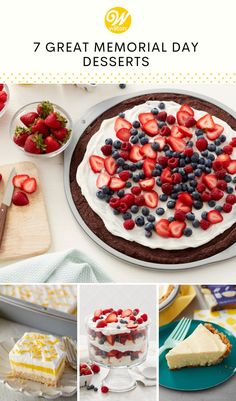 a collage of different desserts with strawberries and blueberries