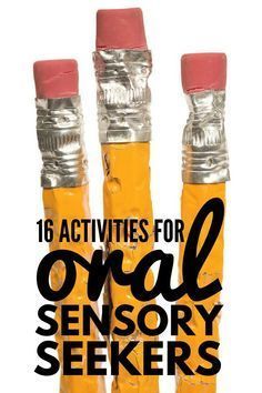 three yellow and silver tubes with the words, 16 activities for oral sensory speakers