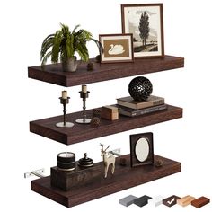 three wooden shelves with pictures, candles and other decorative items on top of each shelf