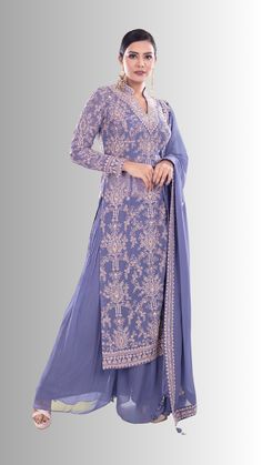 Enhance your formal look with our Partywear Suit D-125. Featuring stunning mirror and thread work, this suit will surely make you stand out in any event. The full sleeves add a touch of elegance to the overall design. Elevate your style with our expertly crafted suit. Formal Look, Formal Looks, Slate Blue