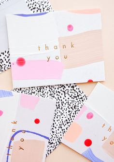 four thank you cards with different designs on them