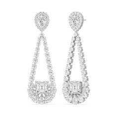 Give your formal wear an instant boost of elegance with these diamond chandelier earrings. This showstopping pair is ready to throw light onto your face and add sparkle to your eyes. The earrings start with a diamond-encrusted pear-shaped post accentuated with a long teardrop-shaped drop traced with tapering round and pear-cut diamonds. Cradled within the drop is a sophisticated Asscher diamond. Luxury Fusion American Diamond Earrings, Luxury Linear Drop Earrings For Anniversary, Luxury Silver Chandbali Diamond Earrings, Real Diamond Earrings Kameswari Jewellers, Chandler Earrings, Long Diamond Earrings, Lariat Necklaces, Diamond Chandelier Earrings, Diamond Chandelier