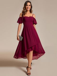 Introducing our stunning chiffon spaghetti strap cold shoulder tea length wedding guest dress! This elegant design features a flattering cut that accentuates your curves, with delicate spaghetti straps and a charming cold shoulder detail. The lightweight chiffon fabric flows gracefully, creating a dreamy, ethereal look. Perfect for any special occasion, this dress will have you feeling like a VIP guest at any wedding. Don't miss out on this must-have fashion find! Fit: Please refer to Size Chart Medevil Dresses, Tallahassee Wedding, Midi Wedding Guest Dress, Distillery Wedding, Unusual Dresses, Chiffon Party Dress, Long Sequin Dress, Tea Length Wedding, Ever Pretty