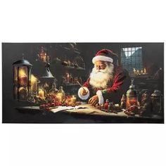 a santa clause sitting at a table in front of a lit candle filled room with christmas decorations