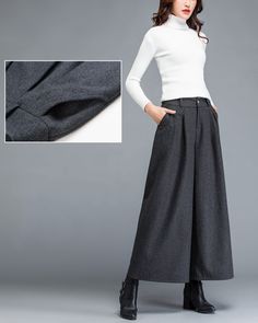 * A wide leg pants for winter, made of quality wool blends. * Two pockets, they are big enough for your hands. * Material: 50% wool, 50% polyester; lining-100% polyester * Washing instructions: Dry Clean Only * Let us know your usual size in your country and your overall height. * Can custom make waist size and length. * Size: True to US size, US 0-US 20 are available, you can let us know your usual size and height in your order. * Shipping: Free shipping Processing time : 5-7 Business days Deli Winter Baggy Wide Leg Pants With Pockets, Baggy Wide Leg Pants With Pockets For Winter, Wide Leg Wool Dress Pants For Fall, Fall Wool Wide Leg Pants, Gray Wide Leg Pants For Winter, Gray Wide Leg Pants With Pockets For Fall, Gray Full Length Wide Leg Pants For Fall, Gray Dress Pants With Pockets For Fall, Fitted Wool Wide Leg Pants For Fall