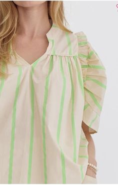 Lime - Striped Short Sleeve V Neck Top – Angie Brooke Boutique Elegant Puff Sleeve V-neck Top With Ruffles, Spring V-neck Puff Sleeve Top With Ruffles, Green V-neck Top With Ruffles, Elegant Puff Sleeve Top With Ruffles, V-neck, Chic Short Sleeve V-neck Top For Spring, Spring Puff Sleeve Top With Flutter Sleeve And Ruffles, Summer Puff Sleeve Top With Ruffles, Summer Puff Sleeve Top With Short Sleeves, Trendy Summer Short Sleeve Top With Flutter Sleeves