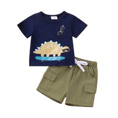 Get your little one ready for summer with our COOL DINOSAUR Summer Outfit! This baby boy outfit comes in two fun colors and dinosaur prints, perfect for any day out. Keep your baby cool and stylish while they explore in this adorable ensemble. Coral Summer Outfits, Cute Toddler Boy Outfits, Cargo Shorts Outfit, Blue Summer Outfits, Cute Toddler Boy, Dinosaur Prints, Toddler Baby Boy, Dinosaur Outfit, Baby Boy Shirts