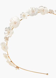 Mother of pearl is a mainstay in Jennifer Behr collections, and the Jenna Headband's hand-carved flowers enhance its best qualities. It features a slightly raised silhouette, subtly hinting at a tiara-like façade and fully displaying the flowers' beauty. Wear this headpiece with the Tibby Earrings for a perfectly coordinated look. Gold Headband, Blue Bridesmaids, Floral Applique, Fine Jewelry Gift, Jewel Tones, Mother Of Pearl, Tiara, Wedding Accessories, Headpiece