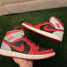 Red And Black High Top Jordan 1s High Top Jordans, Jordan Red, Jordan 1s, Shoes Jordan, Black High Tops, Jordans For Men, Jordan Shoes, Red And Black, Mens Shoes Sneakers