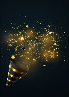 a black and gold party hat with stars coming out of it on a dark background