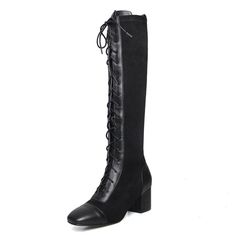 • Shaft material: Flock • Winter Season• Upper Material: Genuine Leather• Boot height: knee Length• Lining material: Short Plush• Toe shape: Square Toe• Heel height: High (5cm-8cm)• Closure Type: Lace-Up• Fit: Fits true to size, take your normal size• Import Product Trendy Lace-up Knee-high Winter Boots, Wide Calf Knee-high Martin Boots For Fall, Winter Party Knee-high Martin Boots, Party Mid-calf Platform Boots For Winter, Mid-calf Platform Boots For Winter Party, Winter Party Mid-calf Platform Boots, Knee-high Lace-up Boots For Winter Party, Knee-high Wide Calf Martin Boots In Faux Leather, Wide Calf Faux Leather Knee-high Martin Boots