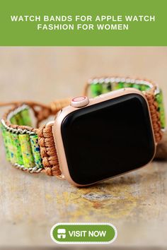 Vibrant green  beaded Apple Watch band  offering a bold and stylish accessory for women. This unique design combines colorful beads with elegant detailing, making it perfect for those looking to add a pop of color to their Apple Watch while maintaining a fashionable aesthetic Handmade Adjustable Bohemian Watch Bands, Handmade Bohemian Adjustable Watch Bands, Adjustable Handmade Brown Watch Bands, Brown Handmade Adjustable Watch Band, Handmade Adjustable Brown Watch Band, Bohemian Brown Bracelet Strap Apple Watch Band, Bohemian Brown Apple Watch Band With Bracelet Strap, Adjustable Beaded Brown Apple Watch Band, Handmade Adjustable Green Watch Bands