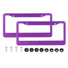 two purple license plates with screws and nuts