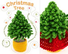 a crocheted christmas tree sitting in a pot on top of a book cover