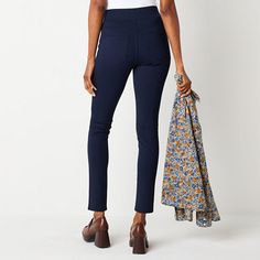 These St. John's Bay women's pull-on pants are stylish, versatile, and flatter the figure, making them a must-have piece for your rotation. They're made from ponte fabric with a skinny-fit, a flat front, an elastic-waist, and two back pockets. Style them with a flowy blouse and chunky heels. Front Style: Flat FrontClosure Type: Full ElasticFit: Skinny FitPockets: 2 Back Patch PocketRise: At WaistBase Material: 70% Rayon, 25% Nylon, 5% SpandexFiber Content: 70% Rayon, 25% Nylon, 5% SpandexFabric… Flowy Blouse, Pants Blue, Back Patch, Pull On Pants, Chunky Heels, Must Haves, Elastic Waist, Pants, Fabric