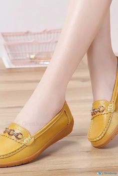 Orcajump - Casual Slip-On Lightweight Shoes with Cowhide Sole Slip-on Calf Leather Flats With Textured Sole, Calf Leather Slip-on Flats With Rubber Sole, Yellow Slip-on Closed Toe Loafers, Loafer Shoes Women, Light Weight Shoes, Genuine Leather Shoes, Loafers For Women, Leather Loafers, Boat Shoes