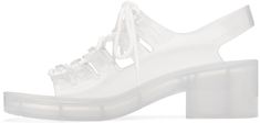 Transparent rubber heeled sandals in off-white. · Open round toe · Lace-up closure · Cutouts at vamp · Block heel · Rubber sole · Heel: H2.25 in Supplier color: Glass White Pudding, Rubber Heels, Heeled Sandals, Online Shopping Clothes, Bottega Veneta, Women's Shoes Sandals, Block Heels, Jelly, Rubber Sole