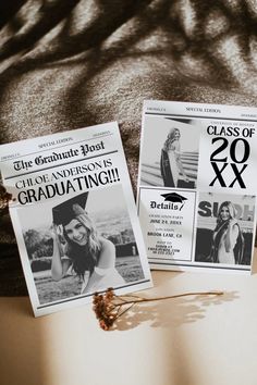 two magazine covers sitting on top of a bed next to each other with graduation photos