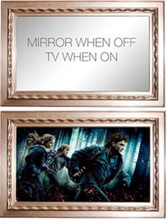 two framed pictures with harry potter and hermione on them, one has the words mirror