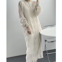 One-Size Round Neck Lantern Sleeve Chic Beige Chiffon Midi Dress, Casual Cream Chiffon Dress, Casual Beige Chiffon Dress, Chic Beige Chiffon Maxi Dress, Beige Chiffon Maxi Dress For Brunch, Casual Solid Chiffon Midi Dress, Casual Solid Color Chiffon Midi Dress, Elegant Chiffon Dress, Korean Fashion Office