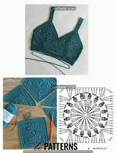 crochet patterns for bras and panties are shown in two different pictures, one is