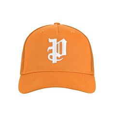 Made of cotton twill with a gothic Purple Brand monogram, this orange trucker hat is a classic paneled design with a curved visor and tonal stitching. Pre Fall 2024 White Label Front: 100% Cotton / Back: 100% Polyester Orange Trucker Hat For Streetwear, Orange Snapback Baseball Cap For Spring, Orange Curved Brim Snapback Hat, Orange Curved Brim Baseball Cap For Streetwear, Curved Brim Orange Hat For Streetwear, Orange Trucker Hat, P Logo, Brand Monogram, White Label