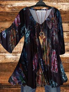 Women Floral Print Top V-neck Half Sleeve Plus Size Blouse Fall Bohemian V-neck Blouse, Flowy V-neck Blouse For Fall, Black V-neck Printed Blouse, Flowy V-neck Top For Fall, Multicolor Flowy V-neck Tops, Chic Multicolor Split Neck Blouse, Plus Size Blouse, Half Sleeve Blouse, Printed Tunic Tops