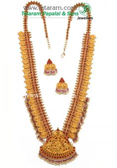 22K Gold '2 in 1' Lakshmi Long Necklace & Drop Earrings Set (Temple Jewellery) - 235-GS1844 in 172.250 Grams Temple Gold Jewellery, Kaasu Mala, Indian Gold Jewellery Design, Indian Gold Jewelry, 22k Gold Necklace, Temple Jewelry Necklace, Gold Temple Jewellery, 22k Gold Jewelry, Temple Jewelry