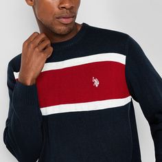 This U.S. Polo Assn. men's sweater is an effortless casual style essential when there's a chill. This crew neck pullover features a striped colorblock design, long sleeves, and the brand's logo embroidered at the chest. Style it with jeans or sweatpants. Closure Type: Pullover HeadFit: Classic FitNeckline: Crew NeckSleeve Length: Long SleeveFiber Content: 100% AcrylicFabric Description: KnitCare: Tumble Dry, Machine WashCountry of Origin: Imported Navy Crew Neck Sweater For Winter, Navy Crew Neck Polo Sweater For Winter, Navy Casual Crew Neck Sweater, Casual Navy Sweater With Ribbed Cuffs, Winter Sporty Crew Neck Polo Sweater, Large Sweaters, Long Sleeve Pullover Sweater, Mens Crew Neck, Fashion Essentials