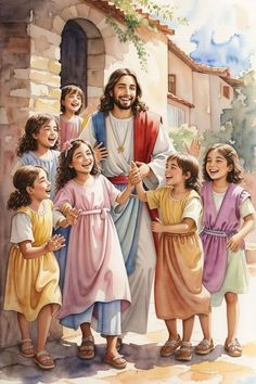 a painting of jesus surrounded by children