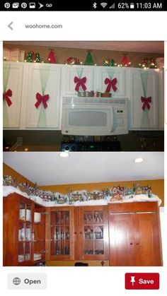 two photos side by side one has christmas decorations on the wall and the other is decorated with bows