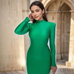 Lasaky - Stylish Round-neck Solid-color Bodycon Long-sleeved Dress Elegant Green Long Sleeve Bodycon Dress, Fitted Green Long Sleeve Dress For Party, Fitted Green Long Sleeve Party Dress, Green Fitted Long Sleeve Party Dress, Fitted Green Long Sleeve Midi Dress, Green Long Sleeve Fitted Midi Dress, Green Long Sleeve Bodycon Midi Dress, Green Long Sleeve Bodycon Dress, Green Bodycon Dress With Long Sleeves