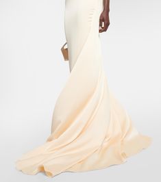 Drake Halterneck Cutout Satin Gown in Neutrals - Alex Perry | Mytheresa Chic Satin Finish Gown For Prom, Prom Satin Evening Dress With Detachable Train, Prom Evening Dress With Detachable Train In Satin, Chic Floor-length Gown With Satin Finish, Satin Finish Full Length Evening Dress, Formal Satin Gown With Detachable Train, Satin Evening Dress With Detachable Train For Prom, Elegant Full-length Satin Evening Dress, Elegant Satin Finish Full Length Evening Dress