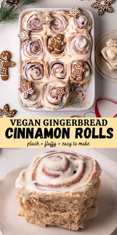 the recipe for vegan gingerbread cinnamon rolls is shown on a plate and in front of