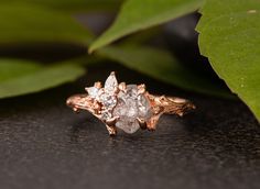 a diamond ring sitting on top of a table next to a leafy green plant