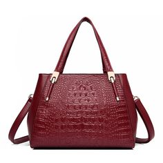 Color: Burgundy Chic Crocodile Pattern Shoulder Bag For Shopping, Crocodile Pattern Tote Shoulder Bag For Shopping, Crocodile Pattern Tote Shoulder Bag For Errands, Daily Use Crocodile Pattern Tote Bag, Crocodile Pattern Tote Bag For Daily Use, Chic Crocodile Pattern Satchel For Shopping, Trendy Tote Shoulder Bag With Crocodile Pattern, Trendy Crocodile Pattern Tote Shoulder Bag, Chic Double Handle Bag With Crocodile Pattern