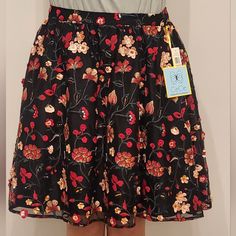 Delicate Embroidered Floral Skirt With Black Lining. Never Worn Except For These Photos. Size 12. No Flaws Spring Embroidered Knee-length Skirt, Black Floral Embroidered Skirt, Black Embroidered Flowy Skirt, Black Skirt With Floral Embroidery, Flowy Black Embroidered Skirt, Fitted Red Skirt With Floral Embroidery, Red Floral Embroidery Skirt For Spring, Red Festive Skirt For Spring, Spring Festive Embroidered Bottoms