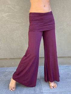 women's natural stretchy rayon jersey skirt-over flow pants #color_jam High Waist Yoga Pants With 4-way Stretch For Spring, Fitted Viscose Bottoms For Loungewear, Versatile Wide Leg Elastane Pants For Loungewear, Fall Rayon Bottoms For Loungewear, Fitted Viscose Bottoms With Elastic Waistband, Versatile Straight Pants With 4-way Stretch, Flared Yoga Bottoms In Solid Color, Chic Fitted Rayon Pants, Chic Wide-leg Yoga Pants