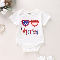 Baby Independence Day Glasses Printing Bodysuit - PrettyKid Spring White Bodysuit With Cartoon Print, Casual Red Summer Onesie, Fun Short Sleeve Onesie For Summer, Fun Summer Onesie With Short Sleeves, Fun Short Sleeve Summer Onesie, White Cotton Bodysuit For Summer, Cute White Summer Onesie, White Short Sleeve Summer Onesie, White Onesie For Spring Vacation