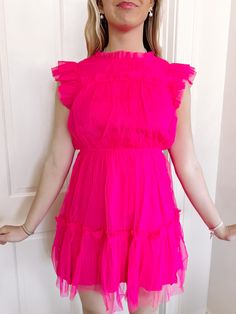 Drop it Like it's Hot Pink Dress | Sassy Shortcake Party Mini Dress With Ruffles And Flutter Sleeves, Flutter Sleeve Mini Dress With Ruffles For Party, Flirty Flutter Sleeve Mini Dress For Party, Feminine Party Mini Dress With Flutter Sleeve, Feminine Sheer Mesh Dress For Party, Sheer Mesh Dress For Party, Sheer Mesh Party Dress, Feminine Style, Sheer Feminine Mesh Dress For Party, Feminine Mini Dress With Flutter Sleeves For Parties