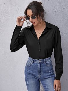 Black Basics  Long Sleeve Polyester Plain Shirt Embellished Non-Stretch Spring/Fall Women Tops, Blouses & Tee Leather Blouse, Satin Crop Top, Pleat Top, Plain Shirt, Women Blouses, Plain Shirts, Long Sleeve Knit Tops, Crop Blouse, Trendy Fashion Women