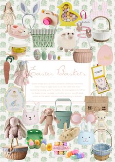 a bunch of stuffed animals and other items on a white background with the words easter baskets