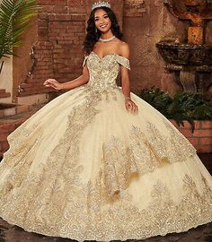 ad eBay - Sweetheart Tulle Appliques Tiered Puffy Champagne Quinceanera Dresses Ball Gown - Buy Now, click the link (eBay) Embroidered Quinceanera Dress, Vestido Charro, Mary's Bridal, Pretty Quinceanera Dresses, Military Ball Dresses, Quince Dress, Detachable Sleeves, Quinceanera Dress, Corset Back