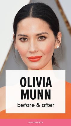 an image of a woman with orange lipstick and the words, olvia munn before & after