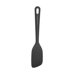 a black spatula on a white background with the handle extended to one side and an oar at the top