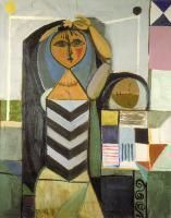 an abstract painting of a woman with long hair wearing a chevron dress and holding a circular object in her hand