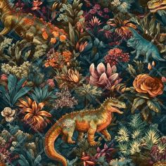 an image of dinosaurs in the jungle with flowers and plants on it's sides