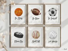 four framed pictures with different types of sports balls and words on them, hanging in a room