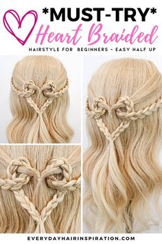 Learn to create a sweet and simple braided hairstyle, perfect for Valentine's Day! This beginner-friendly tutorial will guide you step-by-step through the process. 
.#DIYCrafts #CuteCrafts #CardboardCrafts Hairstyle For Beginners, Heart Hairstyle, Hair For Beginners, Braided Heart, Half Up Half Down Hairstyle, Kids Style Hair, Down Hairstyle, Girl Hair Dos, Everyday Hair